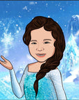 young girl dressed as a blue and white princess in a Frozen theme artwork
