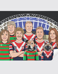 Family of NRL supporters in rabbitohs and roosters jersey with family dog at accor