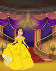 young girl dressed as Belle from beauty and the beast in a ball room