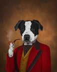black and white dog in a hisoric outfit smoking a cigar