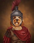 cavoodle dog in a roman warrior outfit