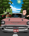 Man and rat waving outside of a car