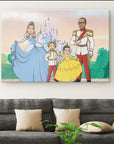 family in princess and prince dress standing in front of a magic castle