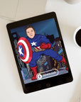 boy in captain america suit in front of city background