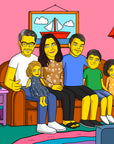 Simpsonify sitting family with lampshade on either side, multi colour artwork