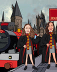 two ladies in gryffindor house colours at hogwarts express