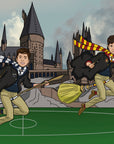two boys flying a broomstick on the putterfield