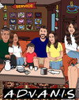 Large family sitting in colourful tshirts with their big dog
