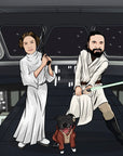 lady and man with dog in Star Wars space ship