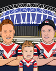 three generations of boys wearing sydney roosters NRL jersey