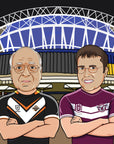 father and son NRL supporters wearing west tigers and manly sea eagles jersey
