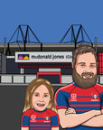 Happy fathers day cartoon with dad, daughter and son wearing knights NRL jersey