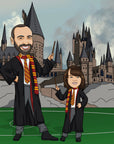 Fathers day picture with father and daughter holding harry potter wand