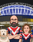 Sydney roosters and parramatta eels NRL supporters with a fluffy white dog