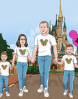 Family of four holding hands in front of Disneyland