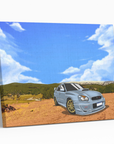 Suburu blue car on the dirt track