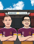 suncorp stadium with two men in brisbane broncos jerseys