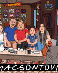 family smiling at central perk cafe wearing jeans and tshirts