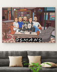Family sitting on the couch as a cafe with coffee and tea
