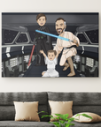 father with 2 children holding illuminated swords