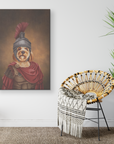 Cavoodle dog in roman outfit in canvas portrait on a wall