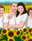 Family of four in sunflower paddock smiling