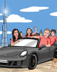 family riding porshe car in dubai