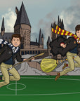 two borthers flying on a broomstick in the magic field