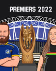 man and woman in nrl jersey blue and black in front of accor stadium