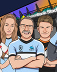 family portrait in sharks and dragons jersey hugging a dog
