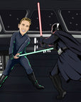 man in black fighting with a sword with a man in a cape
