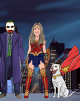 joker and wonder woman with super dog