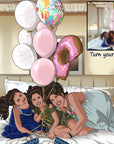 Girls on a bed with balloons celebrating a birthday