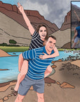 lady on mans back in the mountain outback