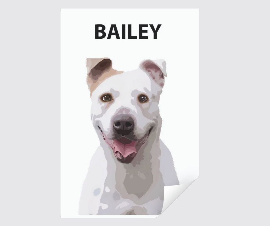 White staffy dog smiling with name above its head