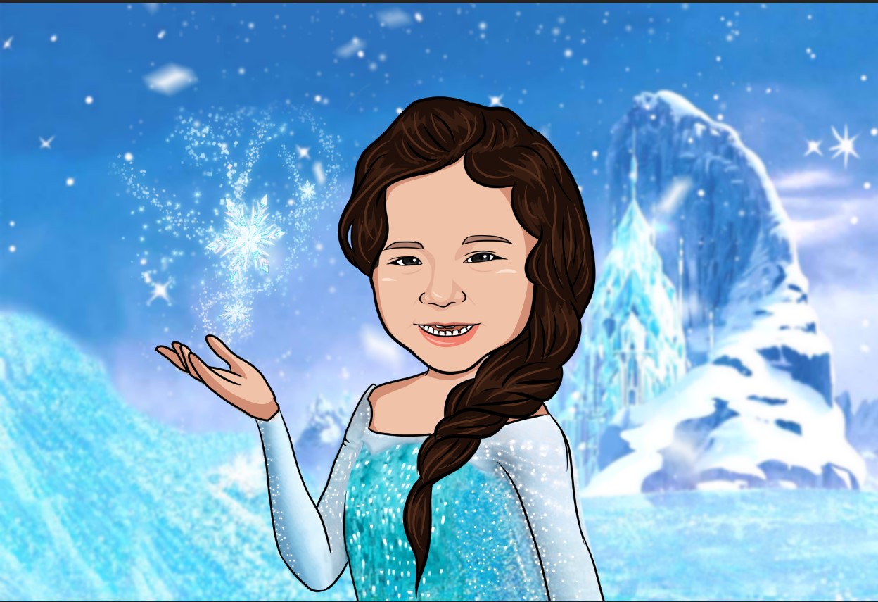 young girl dressed as a blue and white princess in a Frozen theme artwork