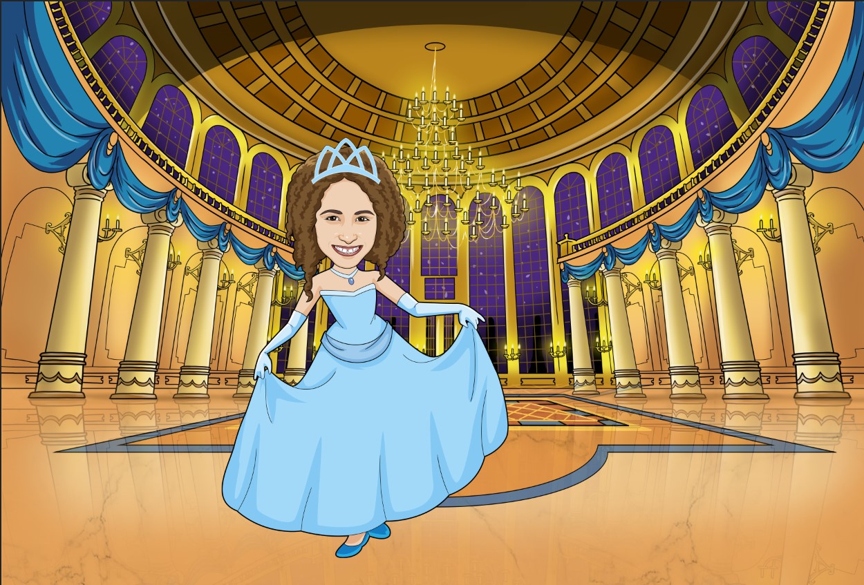 Little girl dressed as a princess in a ball room 