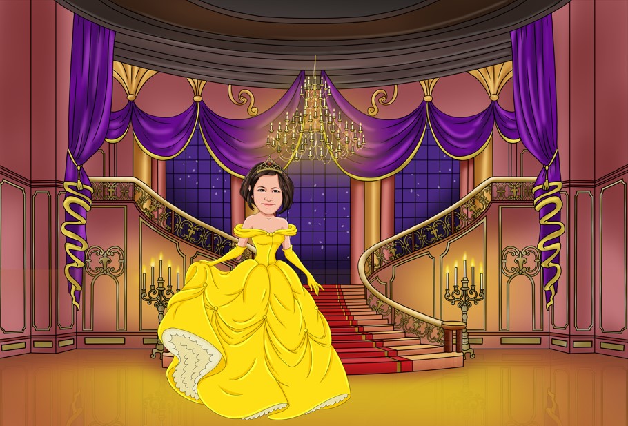 young girl dressed as Belle from beauty and the beast in a ball room