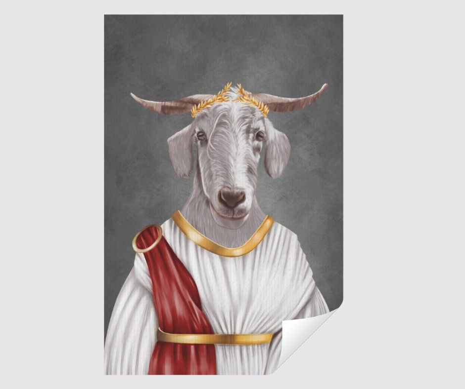 White goat in greek historical outfit with a crown on its head