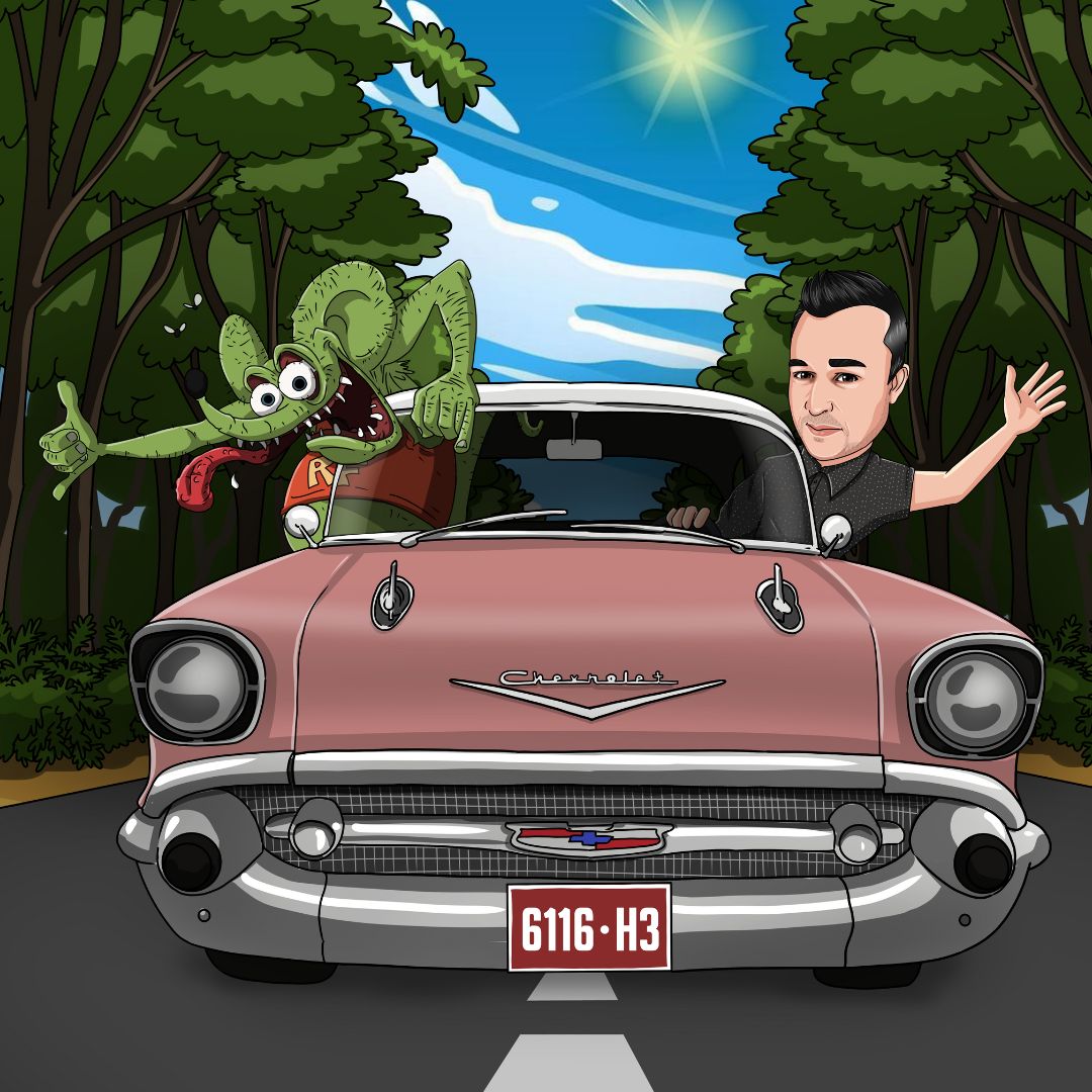 Man and rat waving outside of a car