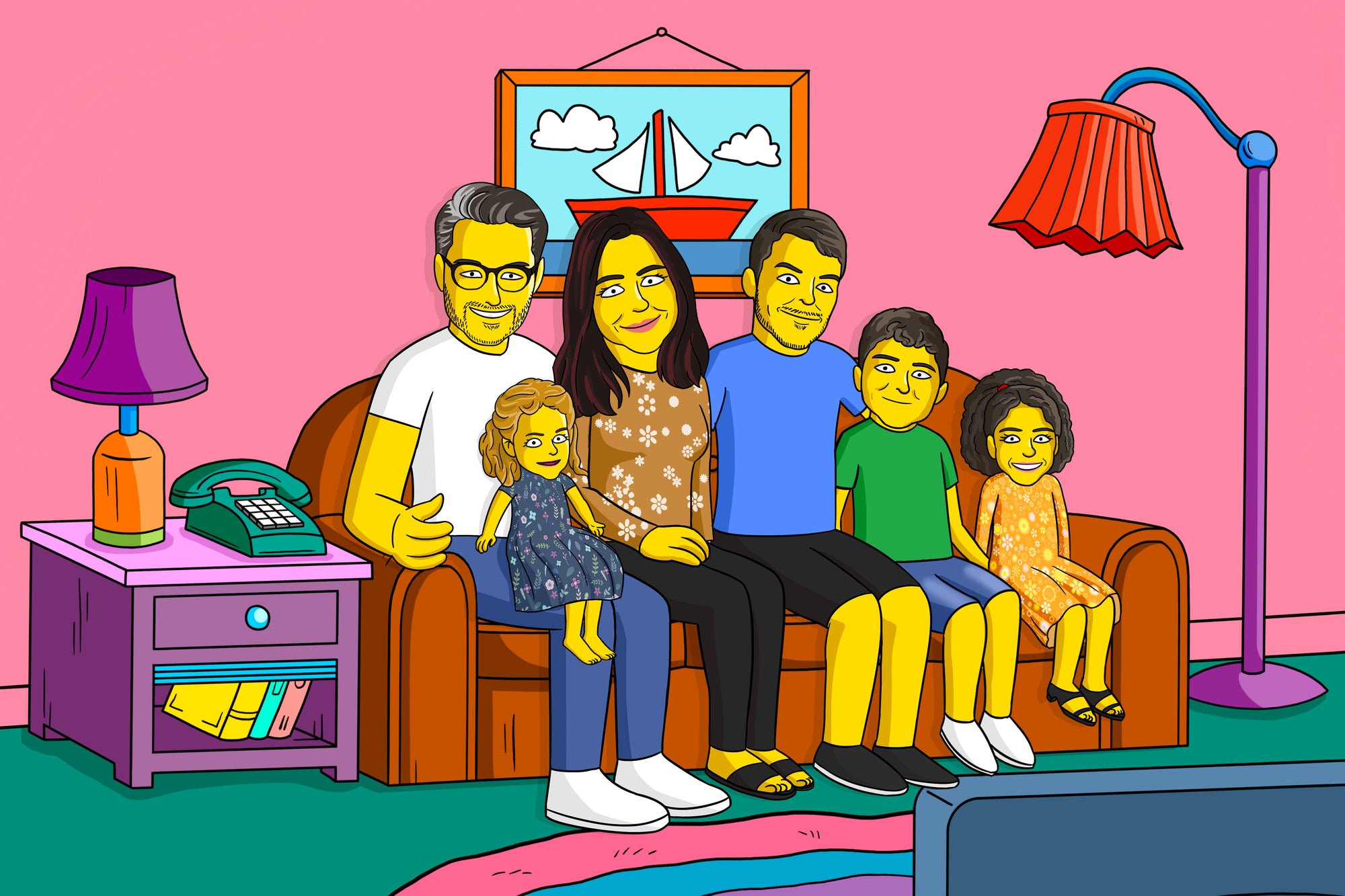 Simpsonify sitting family with lampshade on either side, multi colour artwork