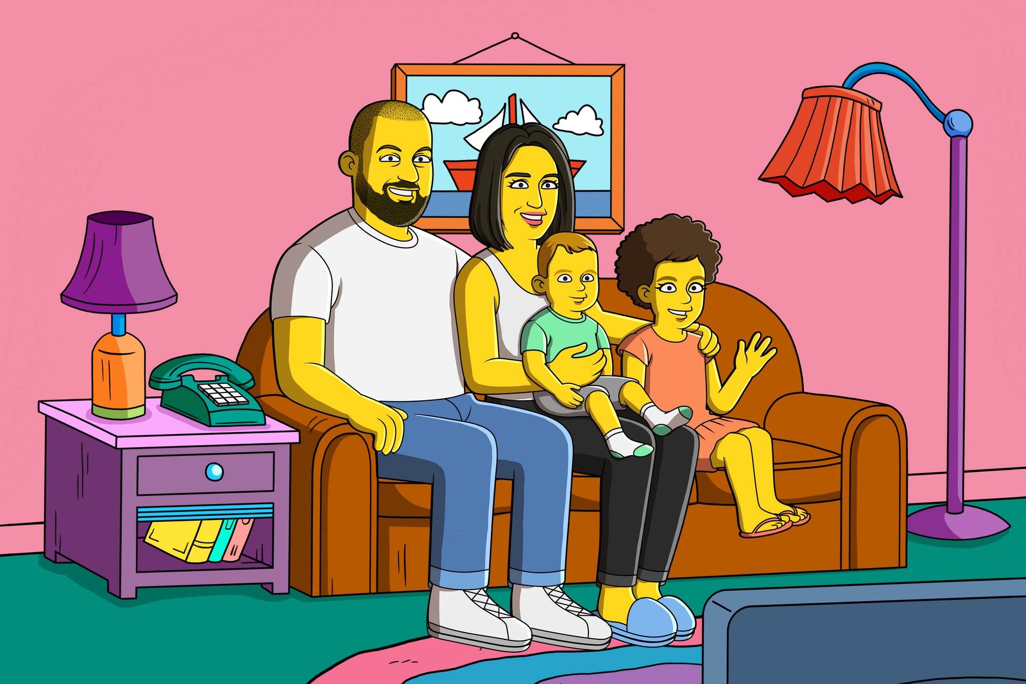 Fathers day family cartoon drawing, family watching tv
