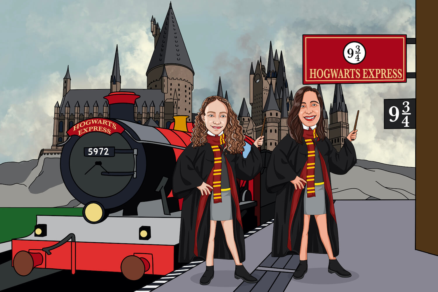 two ladies in gryffindor house colours at hogwarts express 