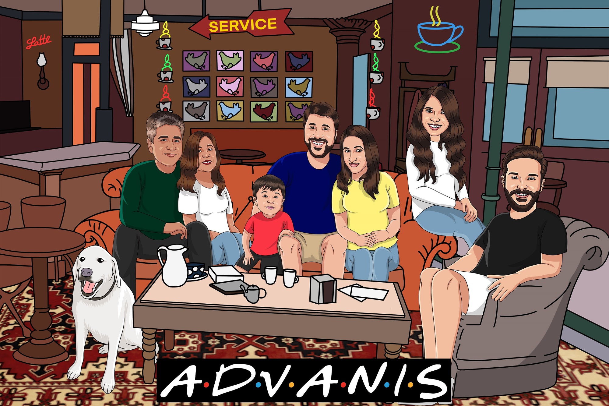 Large family sitting in colourful tshirts with their big dog