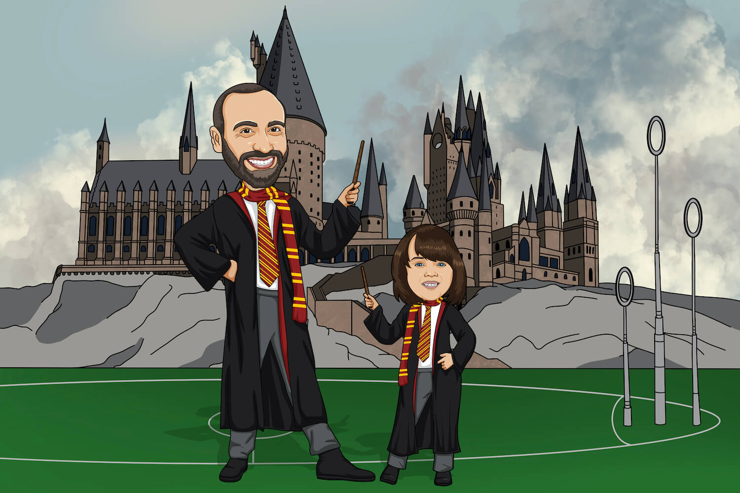 Fathers day picture with father and daughter holding harry potter wand