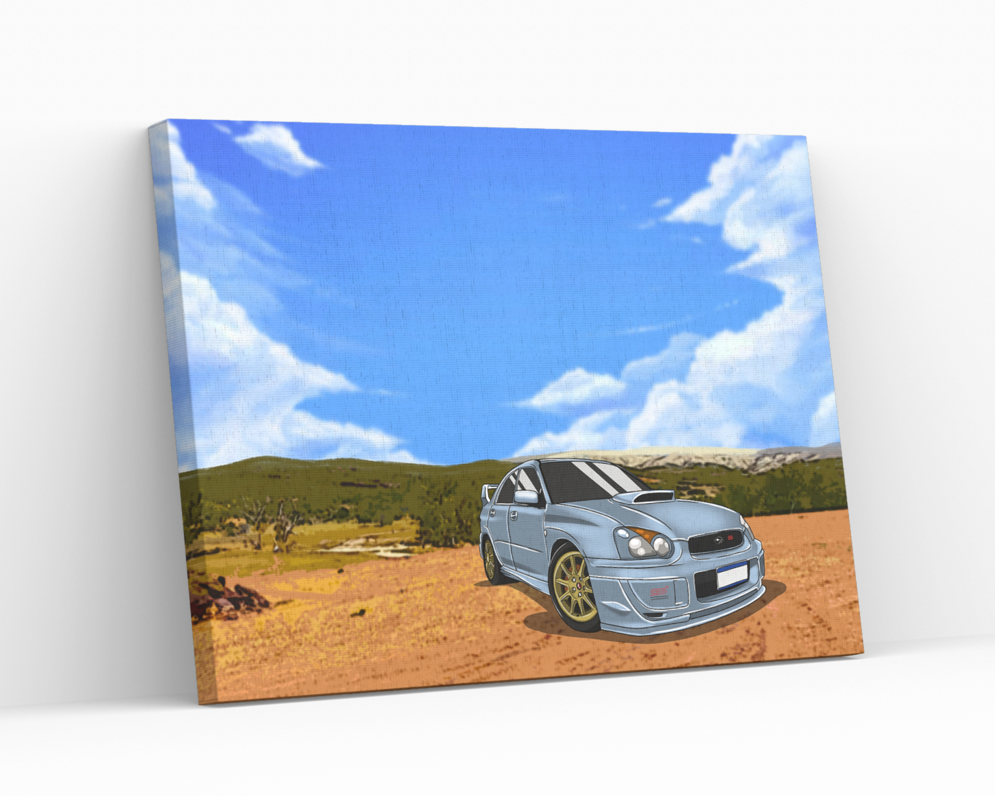 Suburu blue car on the dirt track
