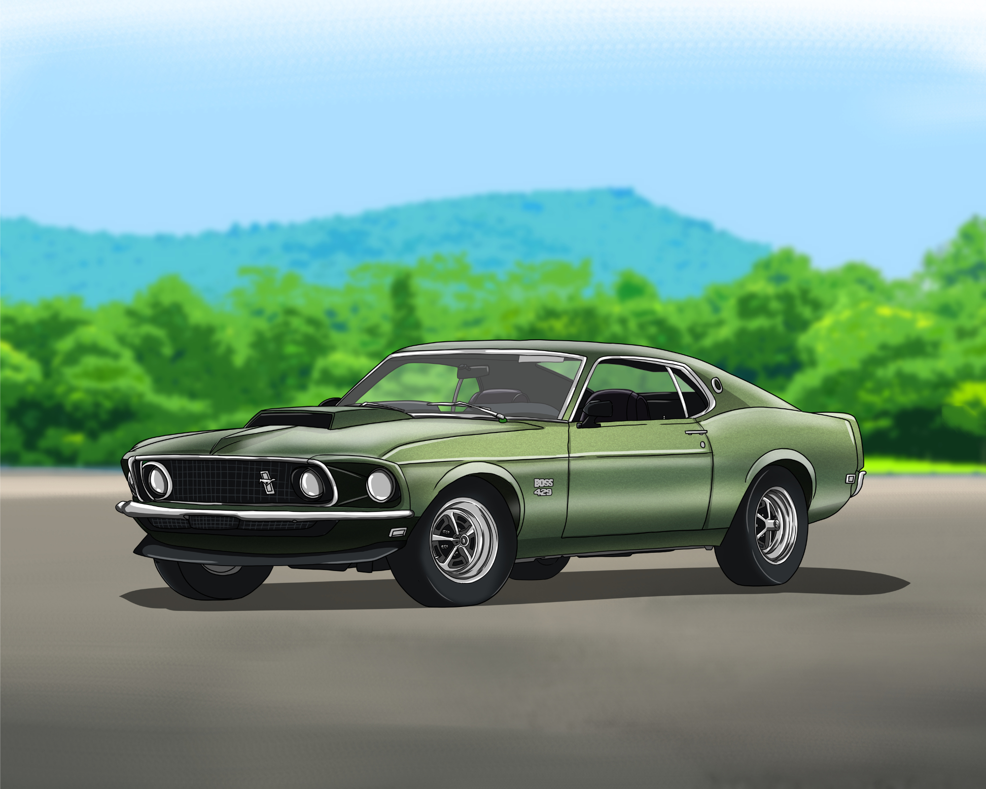 Green muscle car with mountain background