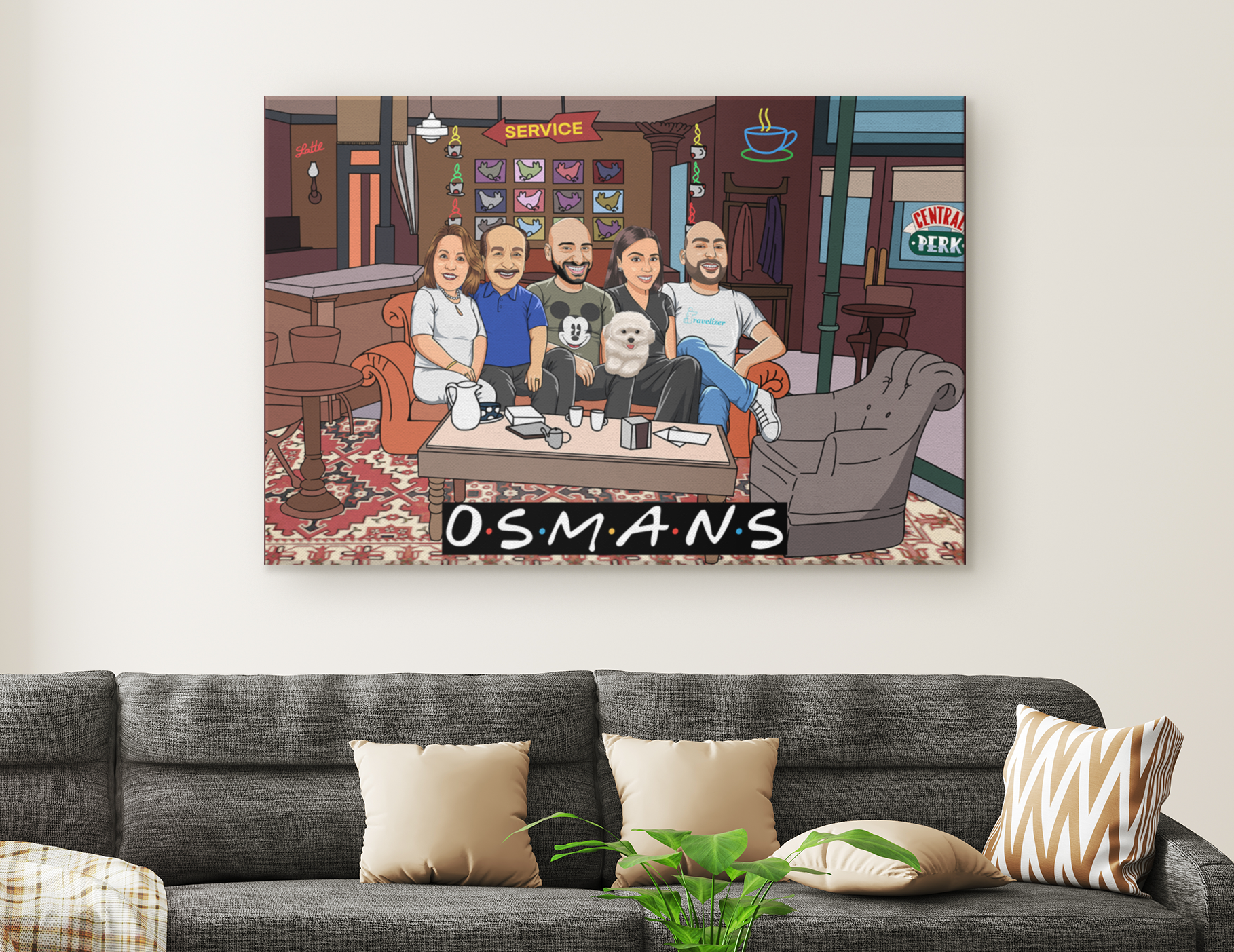 Family sitting on the couch as a cafe with coffee and tea