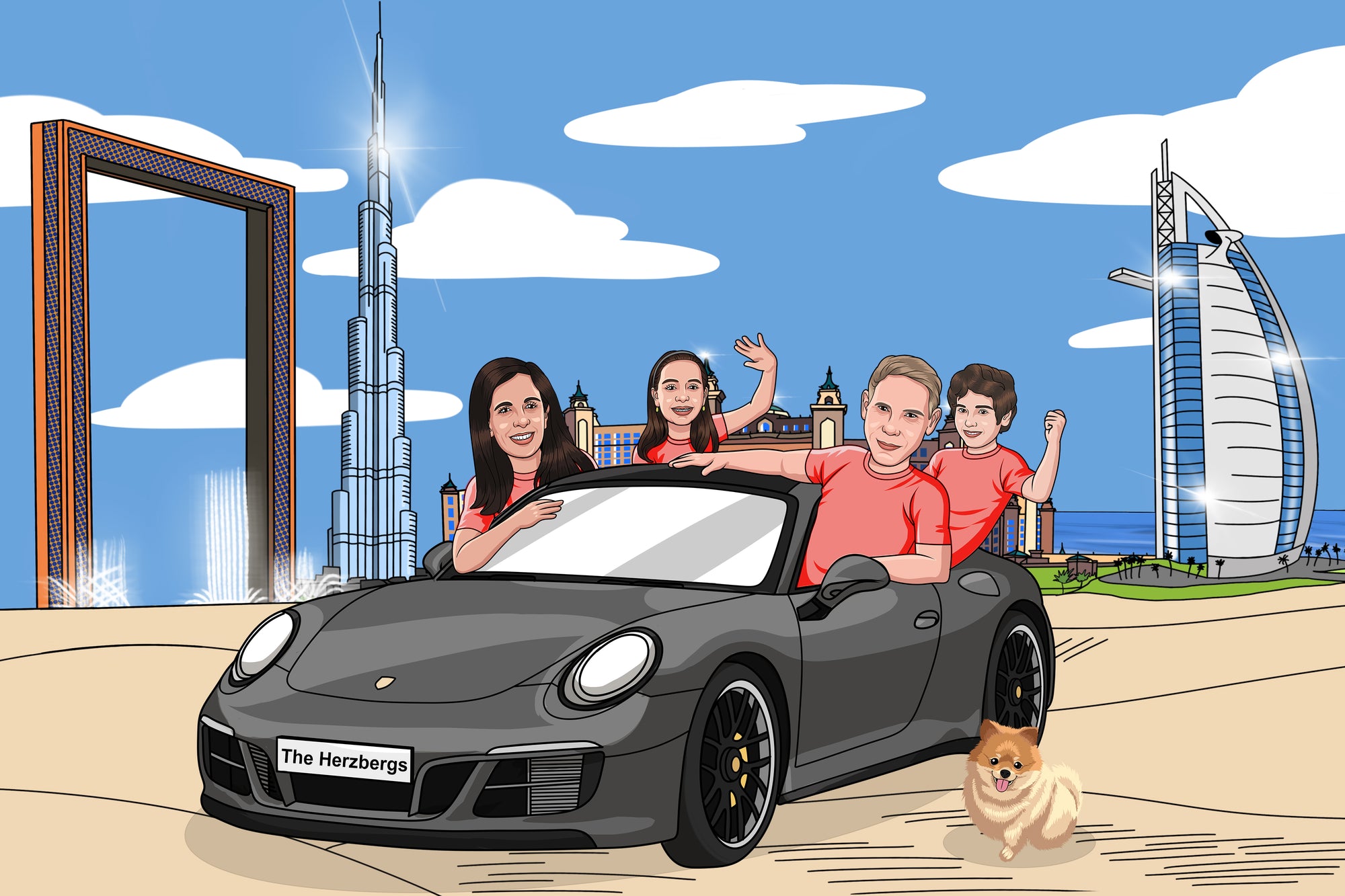 family riding porshe car in dubai