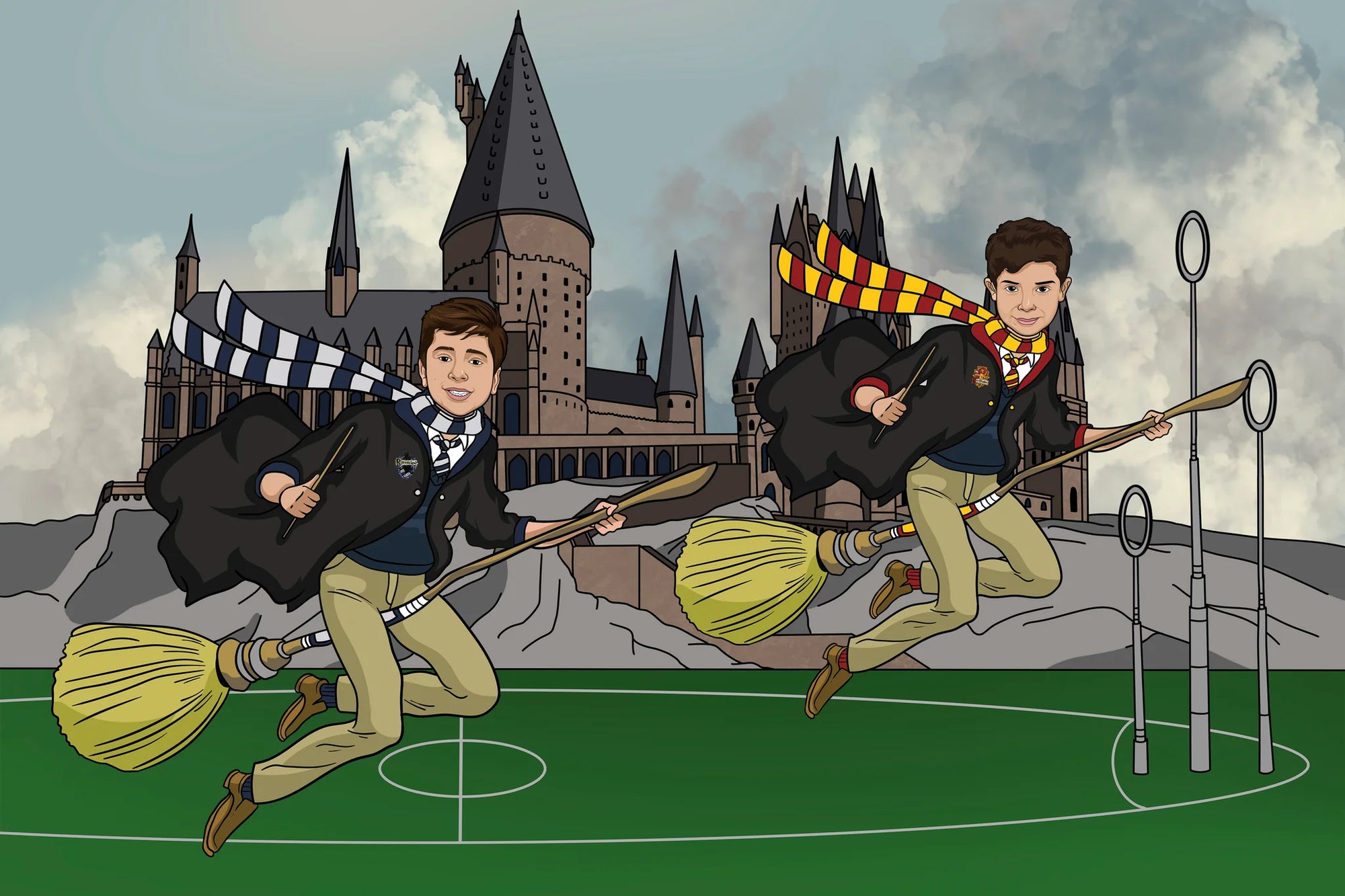 two borthers flying on a broomstick in the magic field